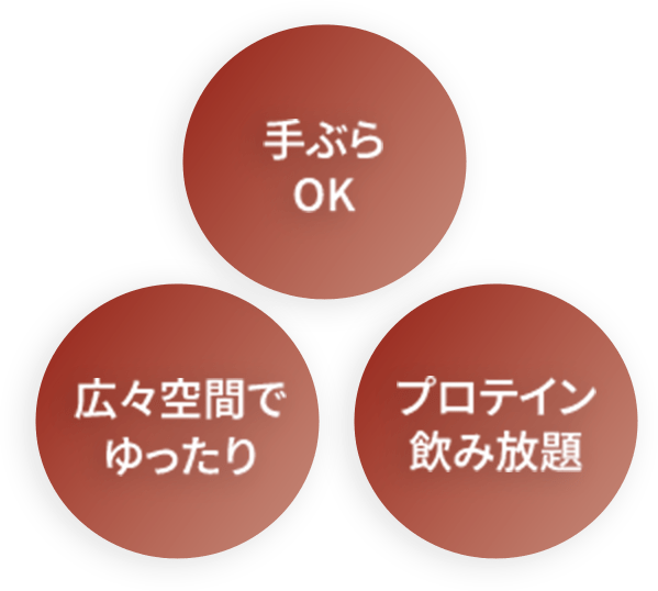 手ぶらOK、広々空間でゆったり、プロテイン飲み放題